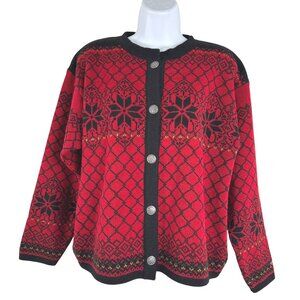 Norskwear Cardigan Sweater Medium Red Black Wool Fair‎ Isle Nordic CJ-2195